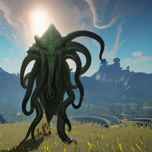 Prompt: a screenshot of Cthulhu in breath of the wild