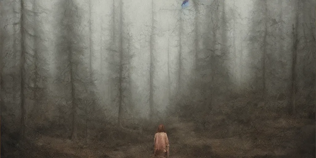 Image similar to a girl in a forest by Aron Wiesenfeld, cinematic, detailed illustration, nature, fog, dark colors, suspense, train the background, intricate, 8k