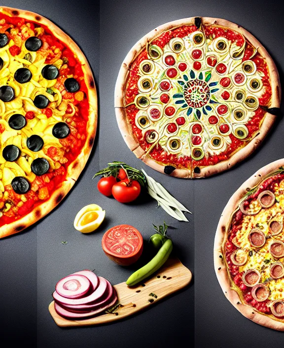 Prompt: big pizza with ingredientes forming a mandala, hyper realistic, food photography, advertising photography, tasty.