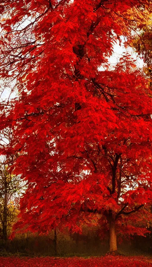 Image similar to beautiful autumn tree with red leaves, melancholy autumn light, blood pumping through veins, blood red leaves, blood vessels stretching out intricately, biological beauty, sinister, atmospheric HD photograph, depth of field