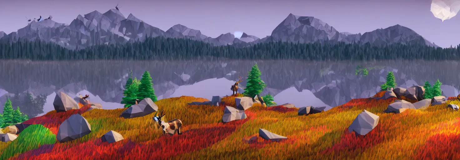 Image similar to super detailed color lowpoly art, northern sunset with rocks on front, blured monochromic lake in the middle of perspective and foggy mountains at background, graphic reindeers in random points, unreal engine, david hockney color palette, 3d render, lowpoly, colorful, digital art