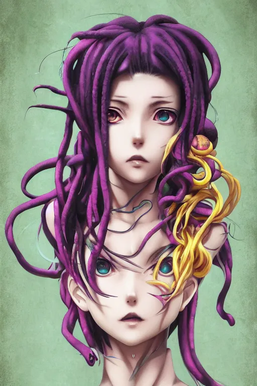 Image similar to portrait of an anime manga girl with floating yellow snake dreads, straight on, by artgerm, james jean, tom bagshaw, gerald brom, vaporwave colors, lofi colors, vaporwave, lofi, goth vibe, 4 k, smooth, hd, substance designer render, full body character concept art, symmetrical,