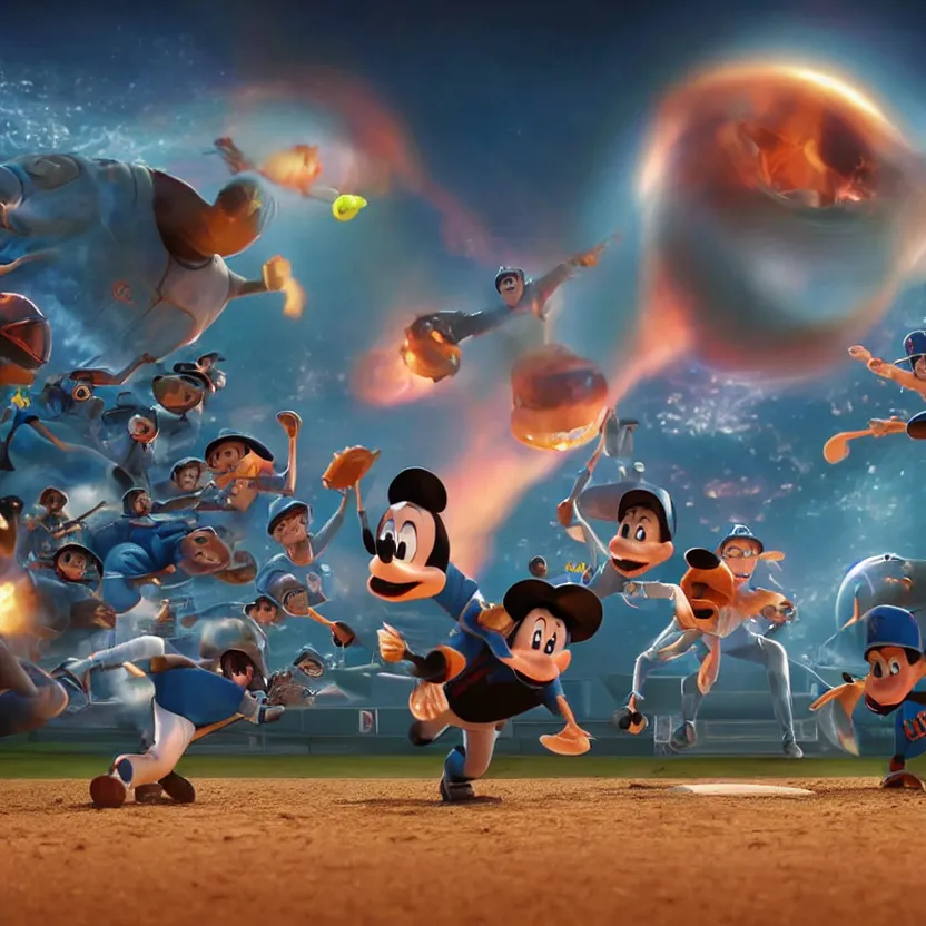 Prompt: disney pixar render of a little league baseball team being sucked up into a black hole during a game, cinematic lighting