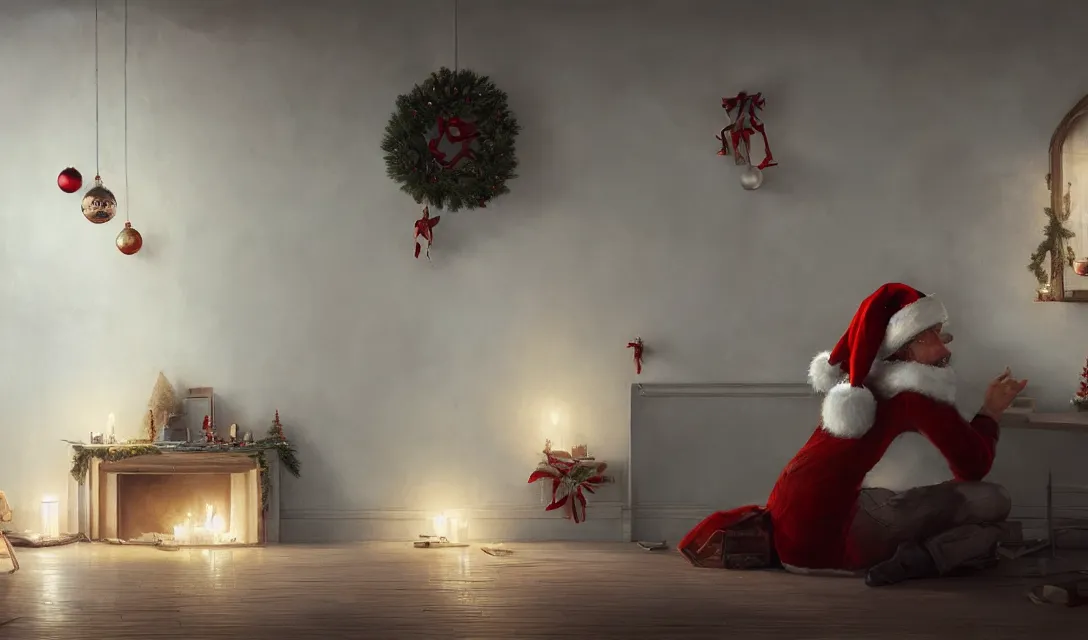 Prompt: a christmas eve photorealistic painting on the wall, home, interior, octane render, deviantart, greg rutkowski, cinematic, key art, hyperrealism