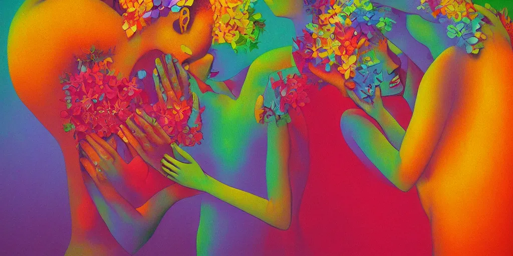 Image similar to portrait of women hugging made of colorful rainbow fractal flowers hugging Edward Hopper and James Gilleard, Zdzislaw Beksinski, highly detailed