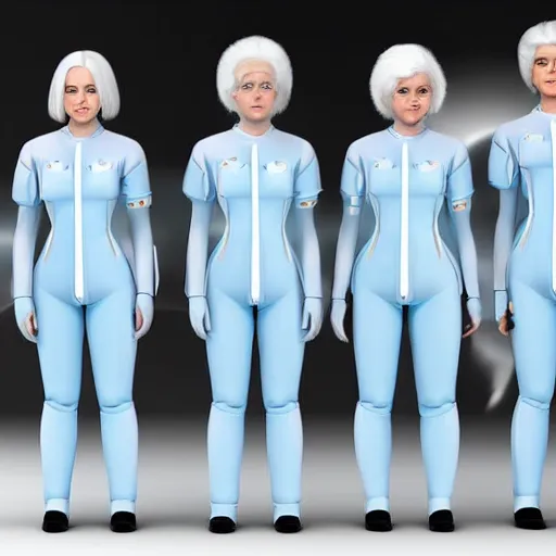 Image similar to line of six tall short fat scrawny women, white hair, tight light blue neopren space uniforms, futuristic chemistry lab, sci - fi, highly detailed, cinematic