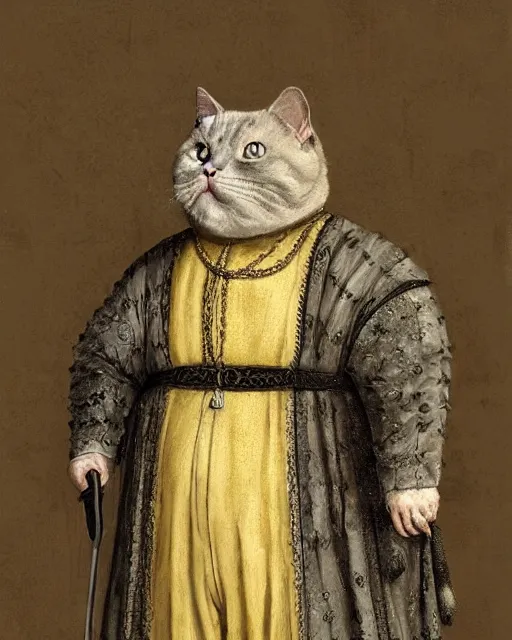 Prompt: fat gray cat with yellow eyes dressed like henry viii, tudor period menswear, greg rutkowski, royal portrait, painting