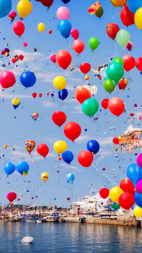 Image similar to photo of a lot of birthday balloons floating above a beautiful maritime port. sharp focus, highly - detailed, award - winning