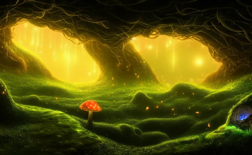 Image similar to a beautiful and stunning professional digital artwork of a glowing mushroom cave, haze, spores floating in the air, vines, night, volumetric lighting, hyperrealistic, rtx on, ultra detail