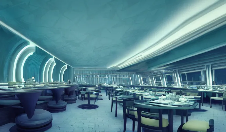 Image similar to a beautiful, sharp focus, clean lines. the interior of an art deco undersea restaurant. vaporwave ombre rendering. outrun style. trending on artstation. recommended for you behance. by chris moore. by edward hopper. ambient occlusion. digital matte painting. metropolis filmic. gotham city.