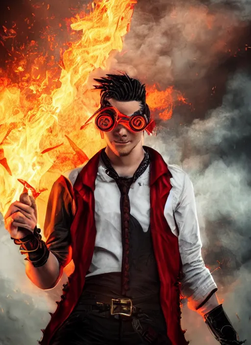 Prompt: An epic fantasy comic book style portrait painting of young man with red spiked long hair, using googles. Wearing a black waistcoat, white shirt. Fire on his hands. Unreal 5, DAZ, hyperrealistic, octane render, cosplay, RPG portrait, dynamic lighting