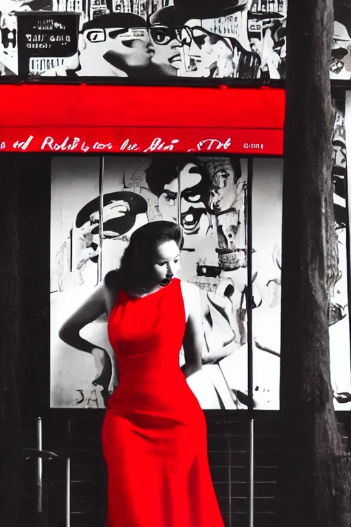 Image similar to film noir jazz bar, crowds of people, she arrived in a red dress