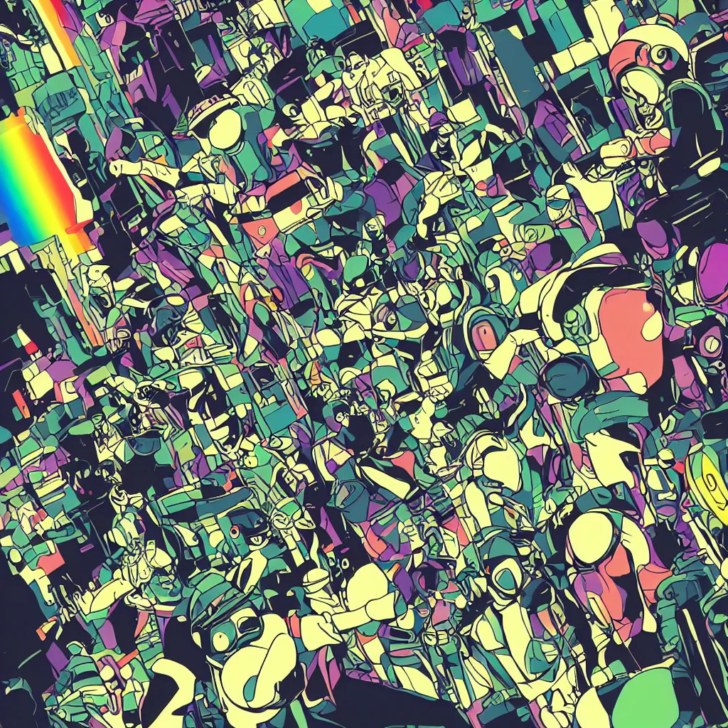 Image similar to people wearing helmets, ryuta ueda artwork, jet set radio artwork, stripes, gloom, space, cel - shaded art style, broken rainbow, data, minimal, speakers, code, cybernetic, dark, eerie, cyber