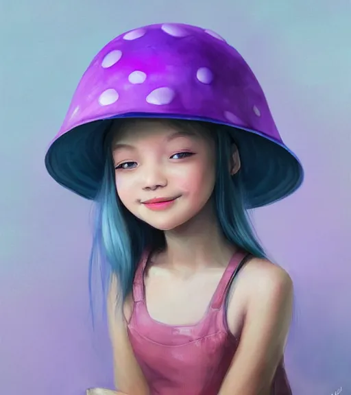 Image similar to a beautiful little girl wearing a mushroom hat sitting | | cute - fine - subtle smile, curved purple hair, face, pretty face, fine details by stanley artgerm lau, wlop, rossdraws, james jean, andrei riabovitchev, marc simonetti, and sakimichan, trending on artstation