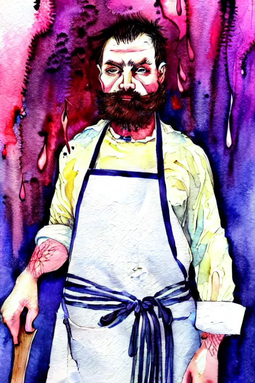 Prompt: watercolor portrait of a butcher with a white apron, raining, romantisism, outrun, pastel colors, painting, dramatic, detailed, by android jones