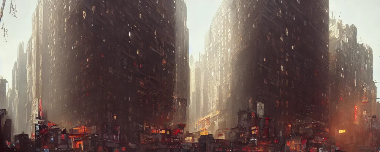 Prompt: new york city block. architecture. cinematic lighting. trending on artstation. cgsociety. art by greg rutkowski and william o'connor