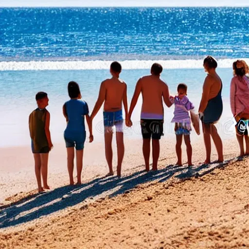 Prompt: a happy family group of people standing on top of a sandy beach, a stock photo by demetrios farmakopoulos, shutterstock contest winner, verdadism, stockphoto, stock photo, photo taken with ektachrome