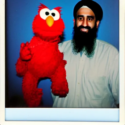 Image similar to polaroid photo of osama bin laden posing with elmo