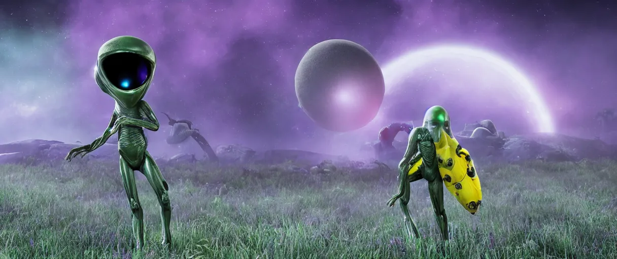 Prompt: grey alien with large black eyes holding an energy rifle on an alien planet with purple soil, green sky, blue and yellow fauna, alien creatures in the background, 3d render, Unreal Engine, octane render, ray tracing, Unity, highly detailed, high quality, HD, 4k, 8k, realistic, sharp, trending - H 800