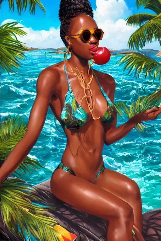 Prompt: a highly detailed beautiful portrait of Black women in the Caribbean wearing aquamarine bikini and shades, full glossy lips, drinking out of a coconut highly detailed, behance hd by Jesper Ejsing, by RHADS, Makoto Shinkaih and Lois van baarle, ilya kuvshinov, rossdraws global illumination, cinematic , hyper-reslistic, depth of field, coherent, high definition, 8k resolution octane renderer, artstation