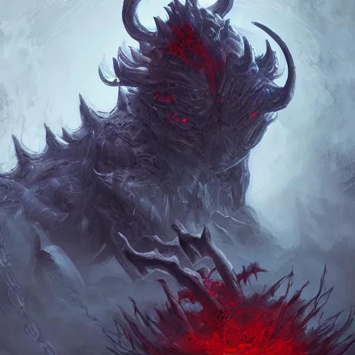 Prompt: a void beast with shadowy tendrils and piercing red eyes creeping through a white world, artstation, high quality, hyper detailed