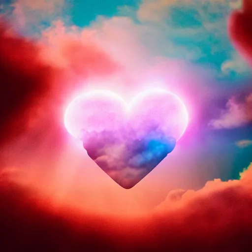 Prompt: a pink cloud in the shape of a heart with a bright blue background, cloud in the shape of a dragon