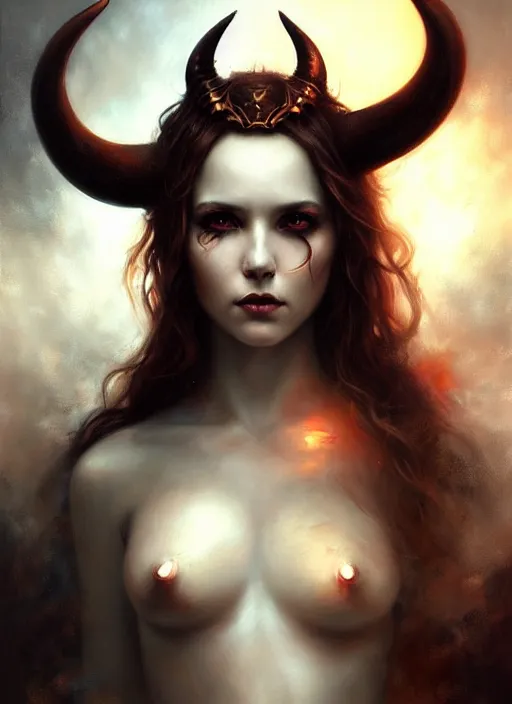 Image similar to a hauntingly beautiful woman with horns, painted by artgerm and tom bagshaw, fantasy art, dramatic lighting, highly detailed oil painting