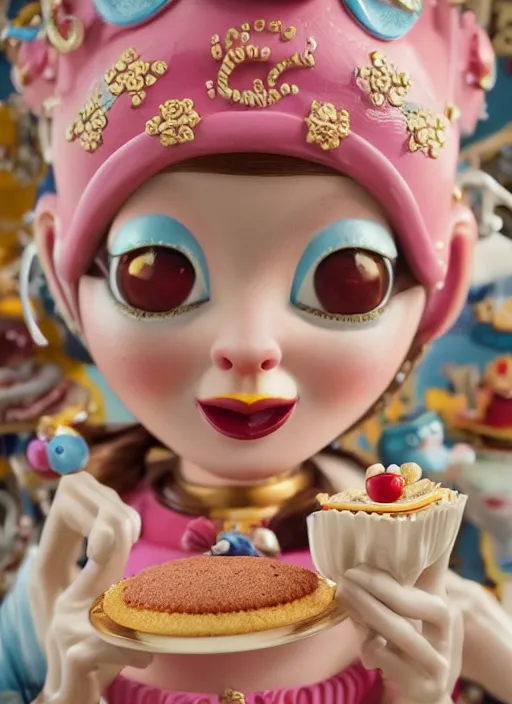 Image similar to closeup portrait of tin toy tin toy emma watson eating cakes, depth of field, zeiss lens, detailed, symmetrical, centered, fashion photoshoot, by nicoletta ceccoli, mark ryden, lostfish, earl nore, hyung tae, frank frazetta, breathtaking, 8 k resolution, extremely detailed, beautiful, establishing shot, artistic, hyperrealistic, octane render