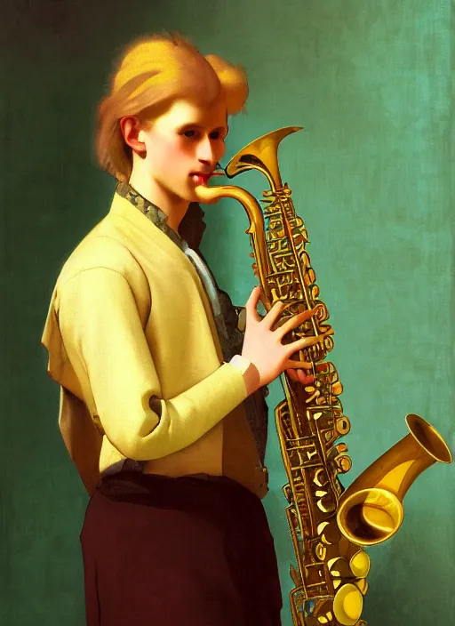 Image similar to Beautiful half body portrait of a young blond man playing sax wide view, intricate, elegant, digital painting, ilustratiom, artwork by Vermeer and alphonse mucha, serene funky fractal soft background