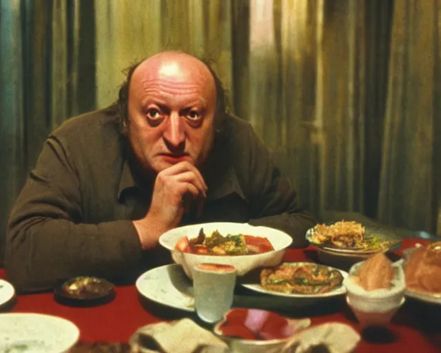 Image similar to 1 9 7 9 a soviet movie still a joseph brodsky sitting at a table with a plate of food in dark warm light, a character portrait by nadya rusheva, perfect symmetric coherent face, featured on cg society, neo - fauvism, movie still, 8 k, fauvism, cinestill, bokeh, gelios lens