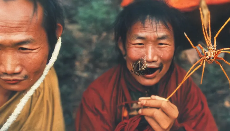 Prompt: 7 0 s movie still of a tibetan man with a spider in the mouth, cinestill 8 0 0 t 3 5 mm eastmancolor, heavy grain, high quality, high detail