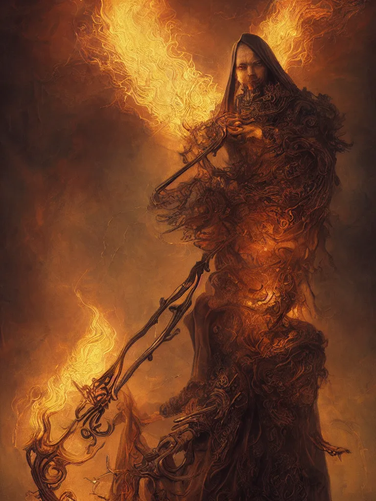 Prompt: breathtaking detailed soft painting of a grim reaper with an intricate golden scythe and cloak of fireflies and embers, rembrandt style, christian saint, detailed art nouveau stained glass of flames background, elegant, highly detailed, artstation, concept art, matte, sharp focus, art by Tom Bagshaw, Artgerm and Greg Rutkowski