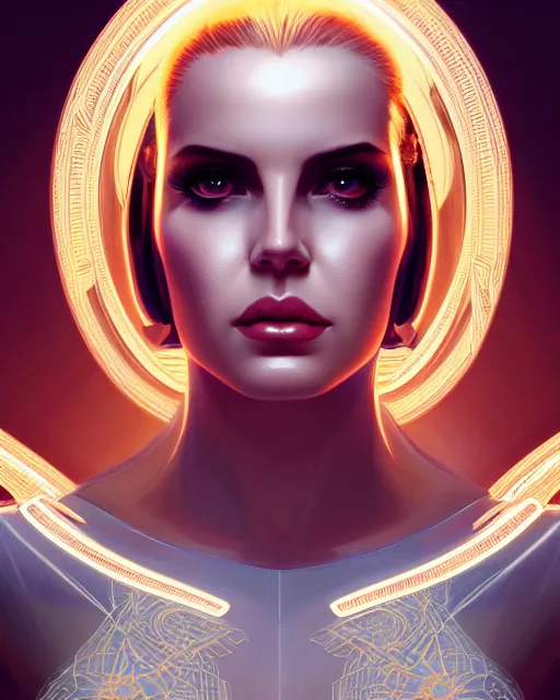 Prompt: symmetry portrait of lana del rey cyborg, glam, deco, glowing intricate, elegant, highly detailed, digital painting, artstation, concept art, smooth, sharp focus, illustration, art by artgerm and greg rutkowski and fra angelico and unreal engine 5