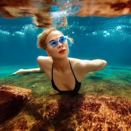 Prompt: grace kelly harvey wearing a swimsuit, swimming underwater, underwater photography, attractive curves, beautiful face, whole body photography, 4 k cinematic photo, hyperrealistic.