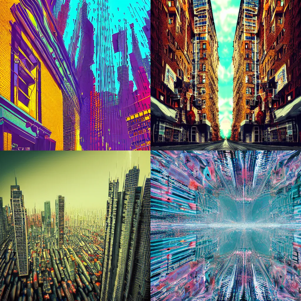Prompt: surreal city, supersaturated, distorted, 4k,