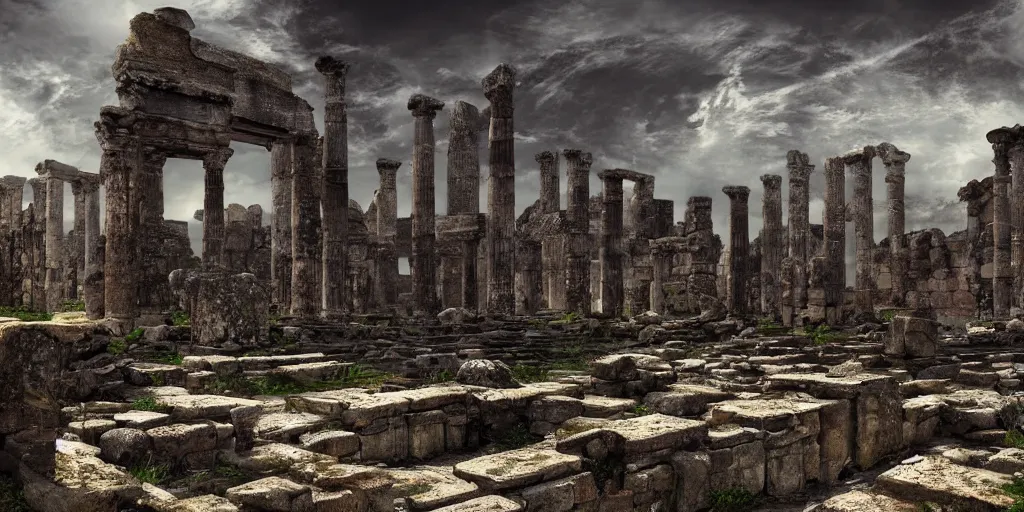 Image similar to ancient ruins, fantasy apocalypse, dystopian, digital art, 4 k