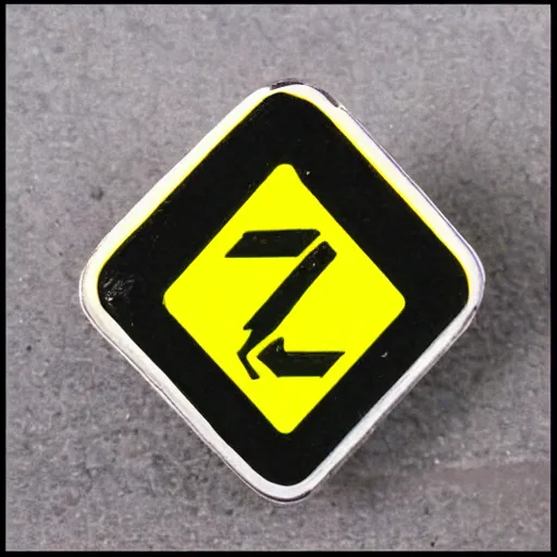 Image similar to a square enamel pin of a caution hazard label, smooth curves