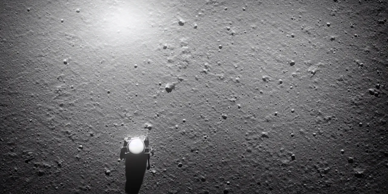 Prompt: ultrawide angle view from the surface of the moon, cinematic film still, film grain, looking up at tall white space, glowing landing lights on spaceship, stars and space in the background, fog and dust, full frame photography