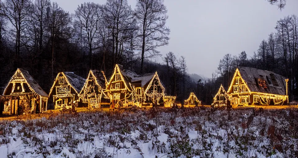 Prompt: an eerie abandoned village in the black forest at midnight illuminated by christmas lights