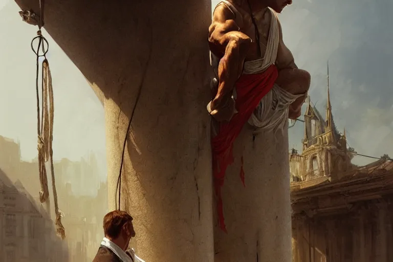 Image similar to a man tied to a pillar by jack russel terrier, highly detailed, hyperrealistic digital painting, artstation, concept art, smooth, sharp focus, illustration, cinematic lighting, art by artgerm and greg rutkowski and alphonse mucha