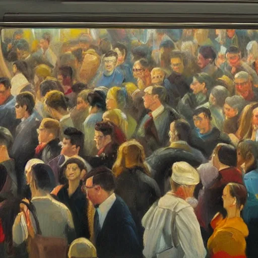 Prompt: an enormous crowd of people leaving the subway car, oil painting