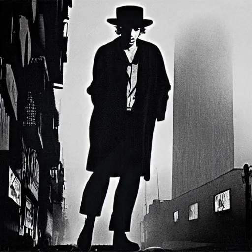 Image similar to 1 0 meter tall bob dylan terrorising the city, blade runner aesthetic