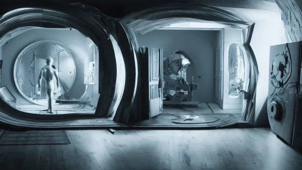 Image similar to an mri image open mri exposed uncovered machine portal in the living room, film still from the movie directed by denis villeneuve with art direction by salvador dali, wide lens