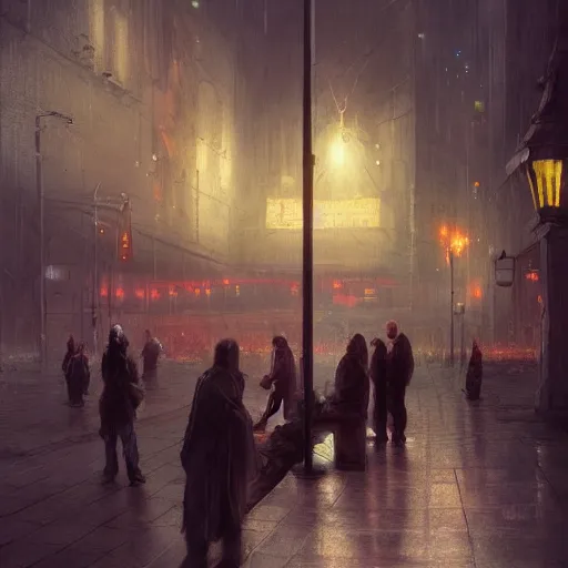 Prompt: a some people waiting in a lone bus stop in quiet dark city night, digital illustration by Ruan Jia and Mandy Jurgens and Artgerm and Wayne Barlowe and Greg Rutkowski and Zdislav Beksinski, high quality, high resolution,detailed