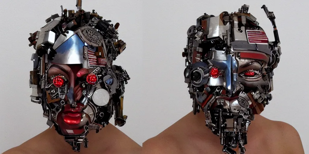 Prompt: a beautiful cyborg made of ceremonial usa maske