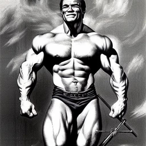 Prompt: full body portrait of barbarian arnold schwarzenegger by frank frazetta