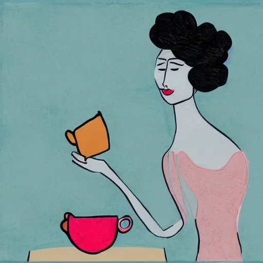 Image similar to beautiful lady, drinking tea, fruit basket, painting, abstract, clean shapes, pastel colors, ink lines