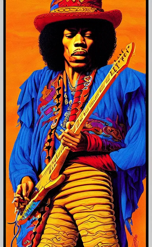 Prompt: an awesome jean giraud graphic art of jimi hendrix in the style of a renaissance masters portrait, new age symbolism and tibetan book of the dead imagery, intricately detailed, 4 k