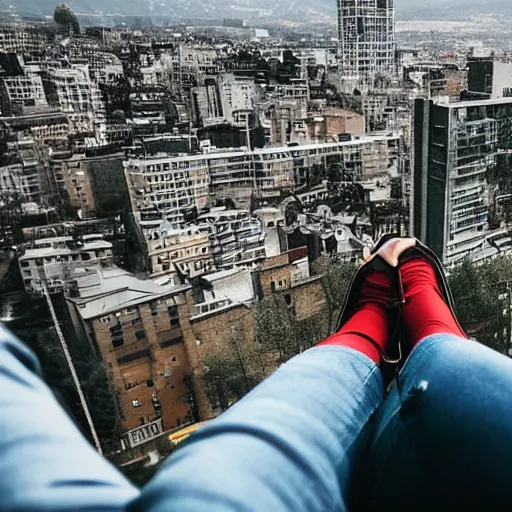 Image similar to A girl in a hoodie and jeans sits on a roof with their legs dangling off the edge looking at the cityscape