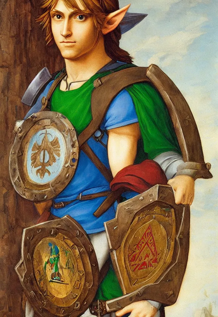 Image similar to oil painting portrait of Link holding an Hyrule shield by Leonardo da Vinci